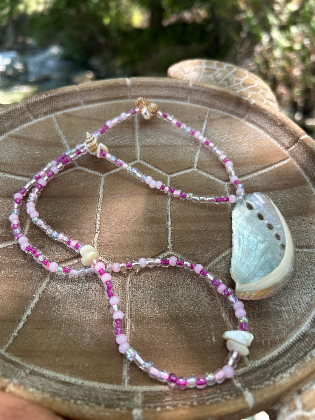 Pink beaded abalone shell necklace